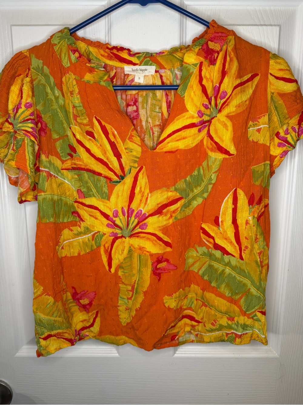 Haute Hippie Orange & Yellow Tropical Floral V-Neck Bo ho Blouse
